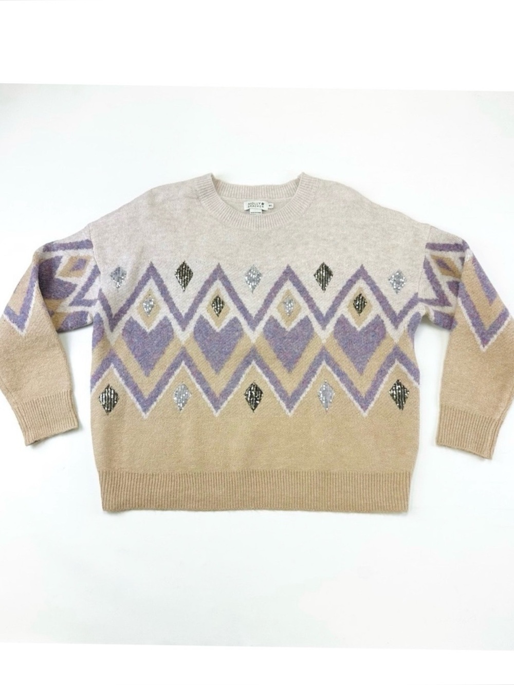 Molly Bracken crew neck sweater Womens Medium Large Diamond print sequin accents